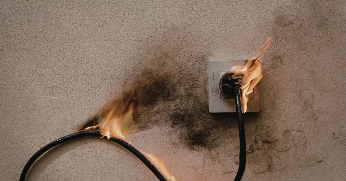 Electrical outlet with a damaged power cord on fire, showing scorch marks on the wall and illustrating the dangers of faulty or overloaded wiring in a home.