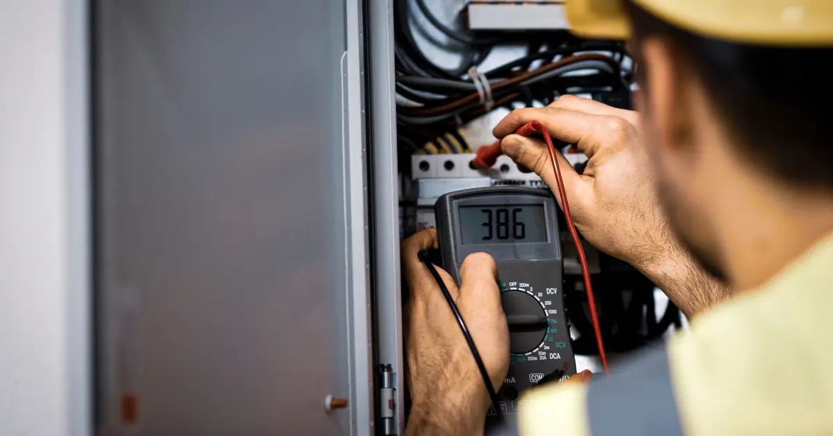 Electrician using a digital multimeter to test voltage inside an electrical panel, checking for safe and proper electrical performance.
