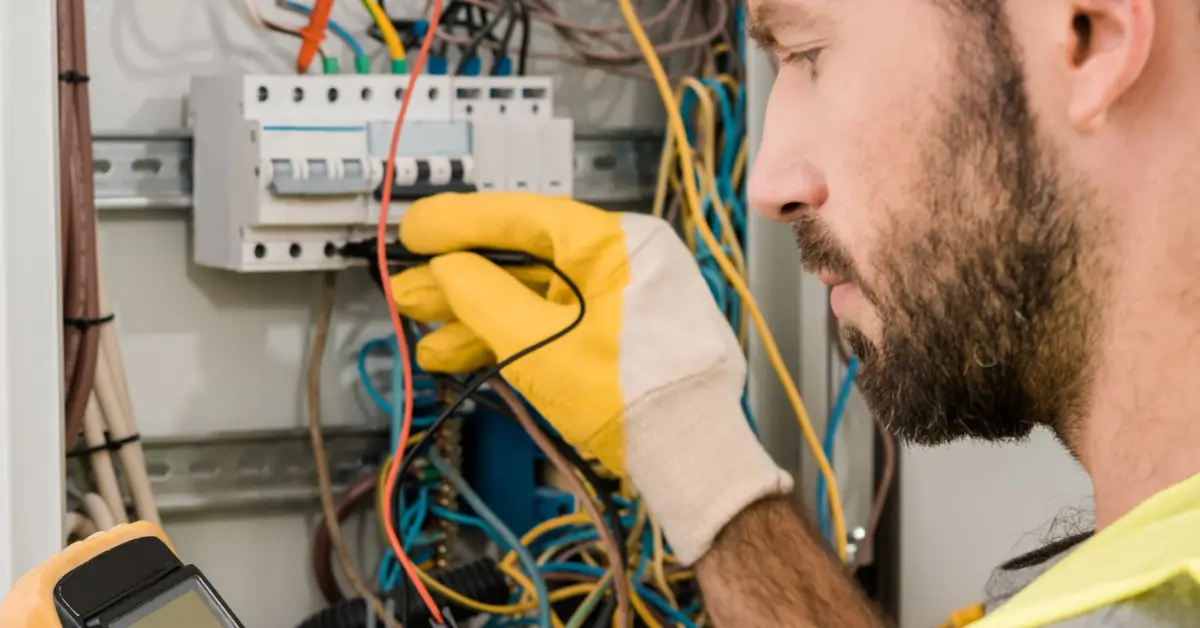 Electrician wearing protective gloves testing wiring inside an electrical panel with a multimeter to ensure safe power distribution.
