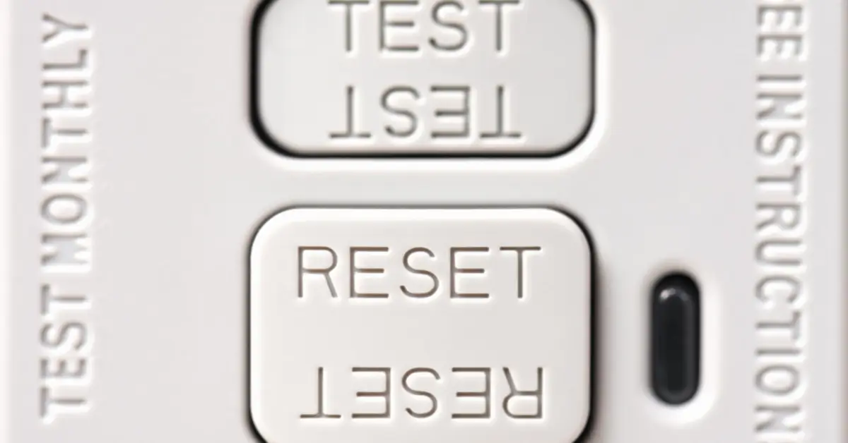 Close-up view of a GFCI outlet showing the rectangular “TEST” and “RESET” buttons, with embossed safety instructions along the sides.