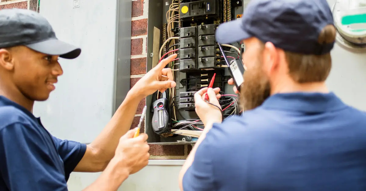 Two electricians inspecting and testing an electrical panel, discussing breaker issues and wiring conditions during a professional panel evaluation.