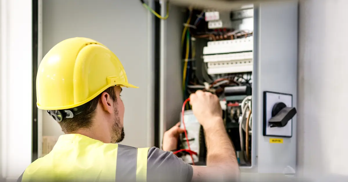 Electrician wearing a yellow hard hat and safety vest inspecting and testing wires inside a residential electrical panel.