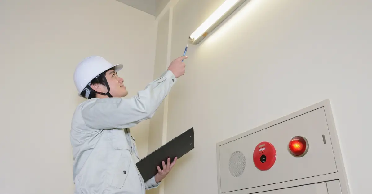Inspector wearing a hard hat examining an overhead light fixture and taking notes during an electrical safety and code compliance inspection.
